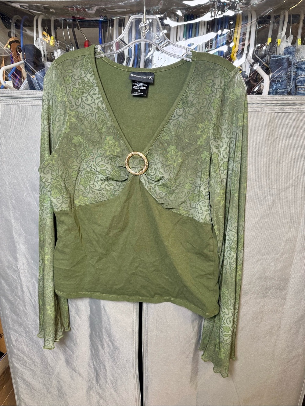 Hot Topic Olive Green Long Sleeve V-Neck Top with Gold Ring